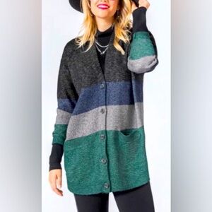 Cabi Tiered Cardigan Small Gray Green Fall Cozy Academia Relaxed Fit Color Block